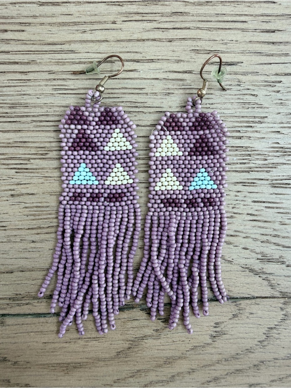 Purple Beaded Fringe Triangle Dangle Earrings